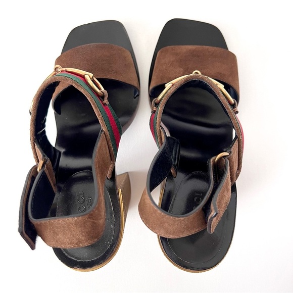 GUCCI || Querelle Horsebit Web stripe Suede Chunky Gold High Heel Sandal EU 38 - Picture 10 of 15